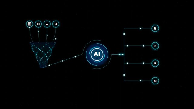Artificial intelligence data stream flowing through a digital funnel