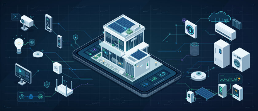 Smart house IoT automation on smartphone isometric banner