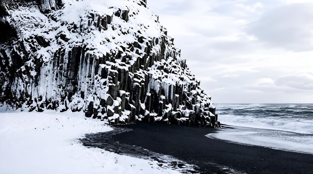 Minimalist sub-polar winter landscape with heavy white snow contrasting against dark volcanic black sand and basalt columns, Generative AI