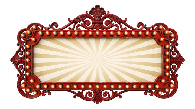 Antique Victorian circus marquee signboard with red carved filigree baroque frame and glowing electric light bulbs around sunburst blank center banner isolated on a white background