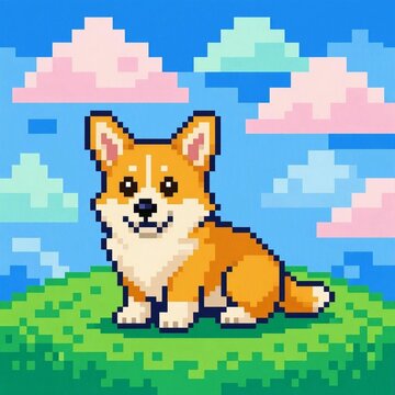 An adorable Pembroke Welsh Corgi rendered in retro pixel art style