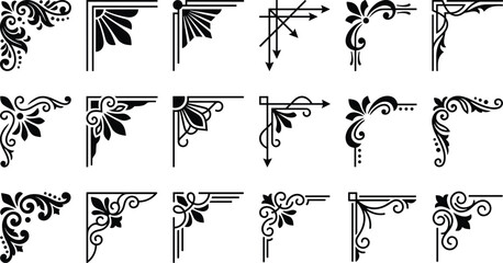 Elegant Black And White Corner Decorative Design Elements With Floral Patterns © Abdur