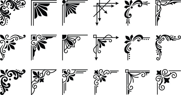 Elegant Black And White Corner Decorative Design Elements With Floral Patterns
