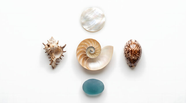 Symmetrical flat lay cross arrangement of ocean sea treasures with sliced nautilus shell center mother of pearl sea glass and exotic seashells isolated on pure white background space