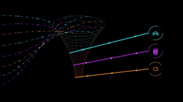 Colorful data funnel connecting streams to digital analytics nodes