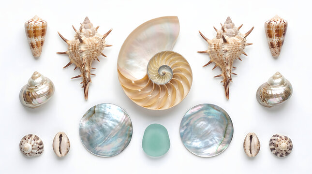 Symmetrical flat lay collection of exquisite ocean seashells featuring central spiral nautilus shell spiky murex shells iridescent mother of pearl and sea glass on white background