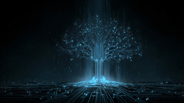 Digital Technology Tree: Futuristic Light Tree with Circuitry and Data Flow