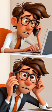 Animated men on phone working, experiencing business stress. Two cartoon office workers communicate on their phones with concerned expressions on a split screen