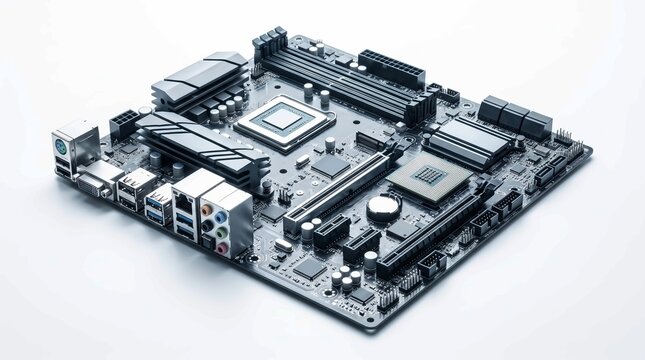 Detailed computer motherboard circuit board component featuring complex metallic patterns and cooling systems on white background