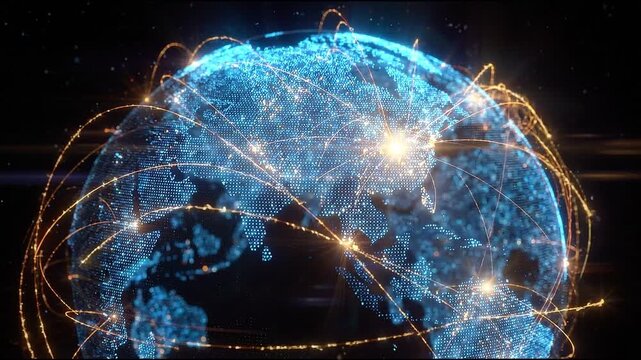 Digital globe showing worldwide data connections and evolving communication network across continents