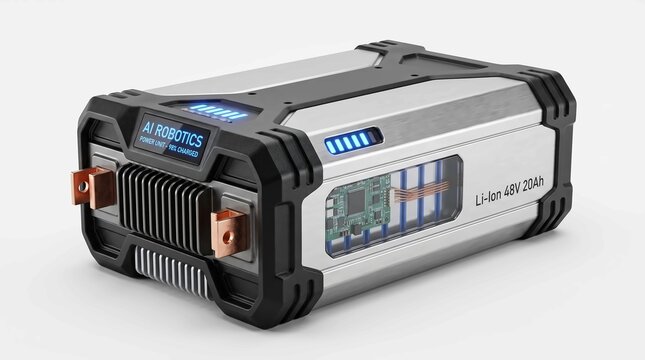Lithium ion battery pack for industrial robotics applications showcased with glowing blue led indicators on white background