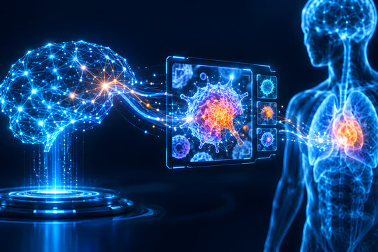 Digital human brain and neural network interface displayed on holographic screen in futuristic medical lab