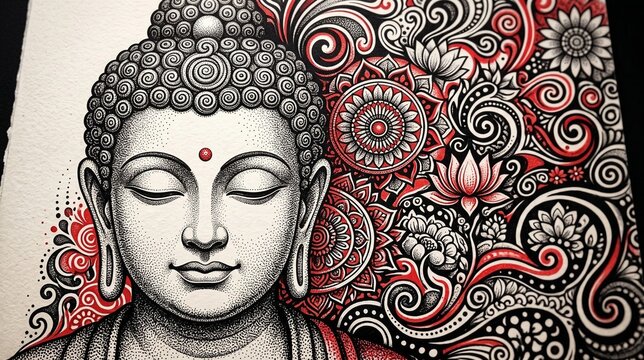 Buddha portrait illustration with intricate red and black mandala pattern