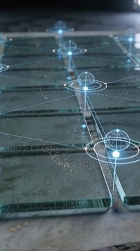 Vertical video: Glowing blue nodes brightening, pulsing above center seam of glass tiles on stone