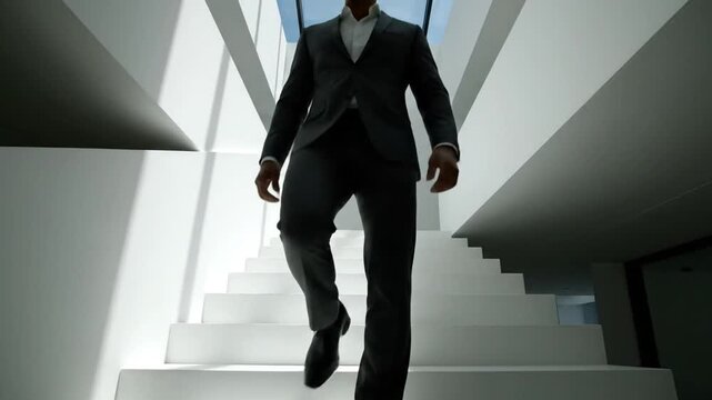 A man in a suit descends a minimalist white staircase under bright light. The shots capture his confident walk and the sleek architectural lines of the modern building.