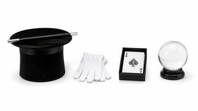 Classic magician tools set with top hat wand gloves cards and crystal ball