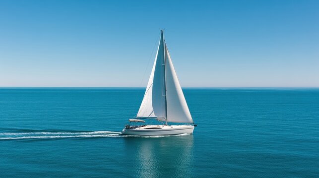 White sailboat cruising on calm blue ocean water under clear sky on a sunny day with reflection on the surface and smooth waves