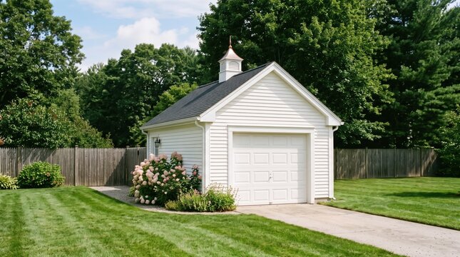Small white detached garage with cupola in a suburban backyard setting.