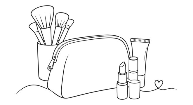 Minimal Cosmetic Bag with Makeup Brushes and Beauty Products Line Art.