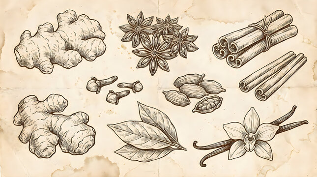 Vintage handdrawn illustration of assorted spices including ginger root cinnamon sticks star anise cloves cardamom and vanilla on aged parchment