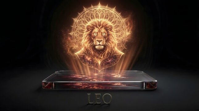 Sacred style Leo zodiac figure of glowing nebula on glass