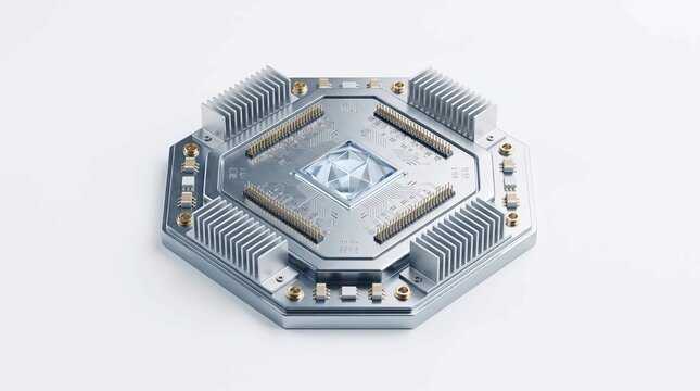 Futuristic metallic computer processor with geometric crystal core and silver cooling fins on white background