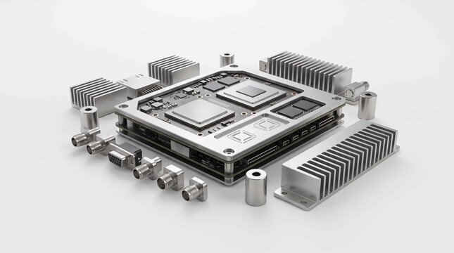 Complex industrial processor module featuring metallic heatsinks and various electronic connection ports on white background