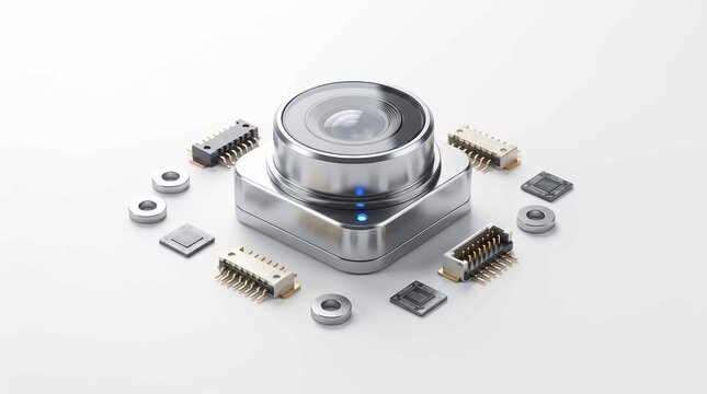 Miniature electronic camera lens module surrounded by computer hardware components and tiny metal rings on white background