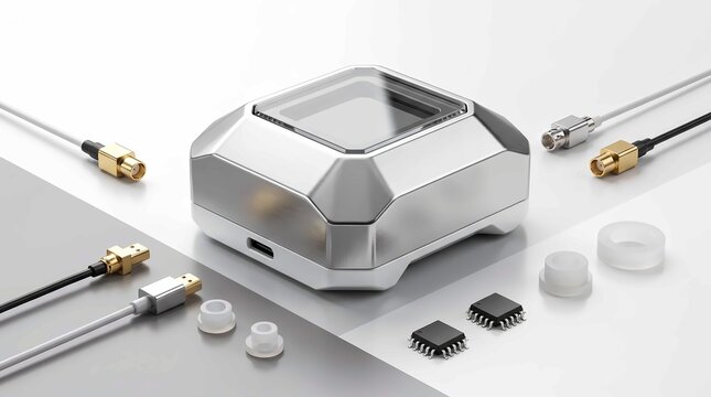 Metallic electronic device with various cables and microchips showcased in a studio setup on white background