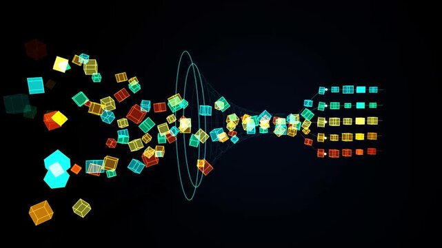 Colorful digital data particles flowing through a processing funnel
