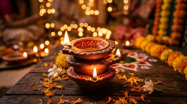 Celebrating the festival of lights a vibrant and joyous happy diwali scene with traditional decorations and glowing diyas