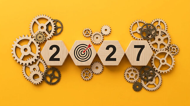 Strategy 2027 concept with wooden blocks, target and gears on yellow background