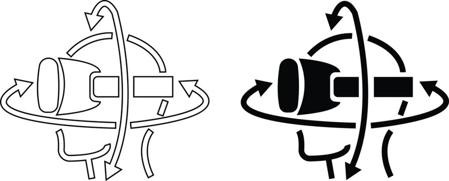 VR virtual reality headset 360 degree 3D rotation view icon set collection in black flat and line style editable head tracking elements group isolated on transparent background vector symbol