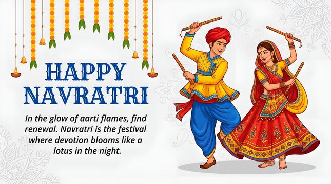 Happy Navratri Garba Dance Illustration with Traditional Couple and Floral Decoration