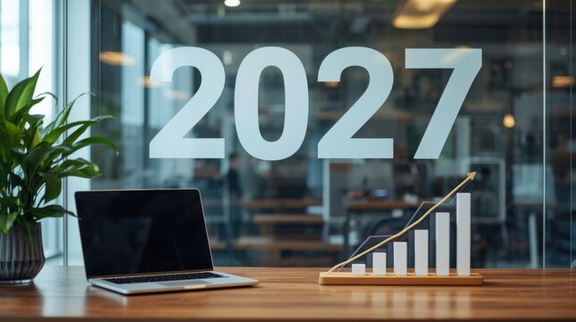 El n&uacute;mero 2027 mostrado en una pared de cristal de una oficina, junto a un ordenador port&aacute;til y un gr&aacute;fico de crecimiento sobre un escritorio de madera. Concepto de objetivos empresariales y planifica
