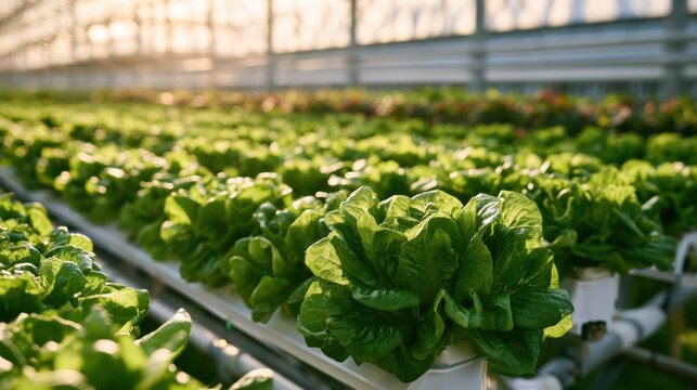 Green fresh lettuce growing in modern indoor hydroponic farm with natural sunlight and controlled environment