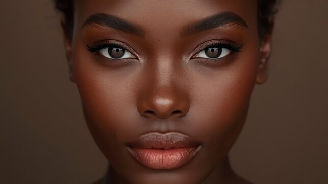 Mujer cautivadora, piel color moca, acabado satinado, ojos bien separados, magnetismo natural, maquillaje en tonos rosados, aire introspectivo