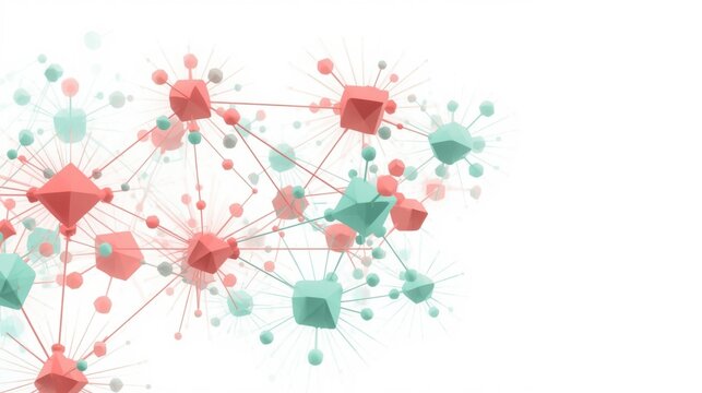 Tetraedros de color coral y verde menta se conectan mediante l&iacute;neas de red radiantes sobre un fondo blanco limpio