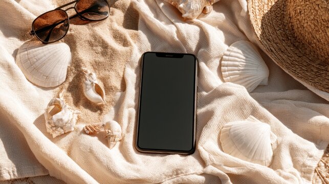 Modern smartphone on soft cloth with seashells sunglasses and straw hat beach accessories capturing summer leisure concept