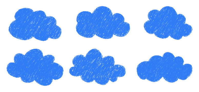 Set of six blue hand drawn clouds with visible crayon texture and varied organic shapes, suitable for weather illustrations, sky scenes, children&rsquo;s designs, and playful graphics.