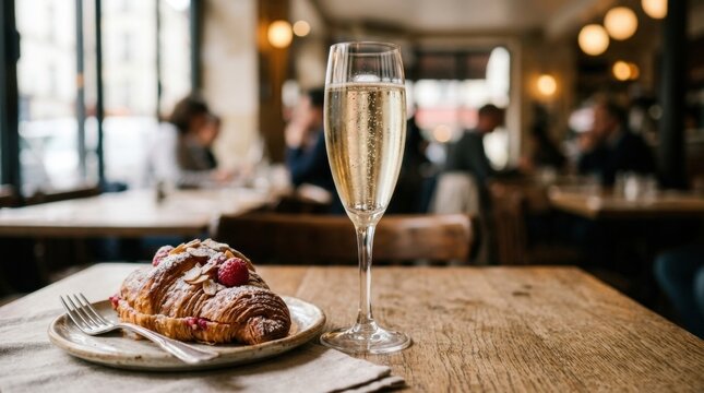 Glass of sparkling champagne standing next to raspberry almond croissant on plate inside elegant parisian cafe with blurred patrons.