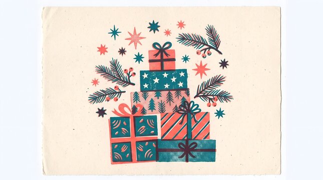 Stack of Christmas gift boxes with pine branches in a risograph print style
