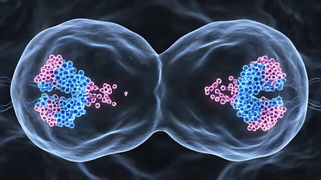 Microscopic animation of a single cell dividing into two cells