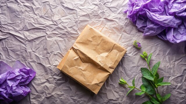 A simple kraft paper package rests on crumpled purple tissue paper, accompanied by sprigs of fresh greenery and additional crumpled purple tissue, creating a rustic and elegant presentation.