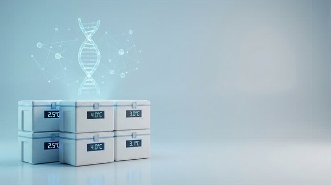 White insulated cooler boxes with temperature displays and DNA hologram, biotech cold chain