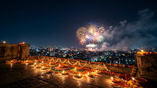 Spectacular diwali celebrations illuminate the night sky with vibrant fireworks and traditional lamps symbolizing light over darkness