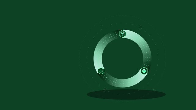 Animated green tech loading circle with rotating hexagon digital hud interface for ui and data visualization