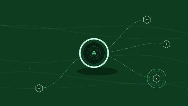 Digital network hub with data nodes and flowing connections, abstract technology background connectivity