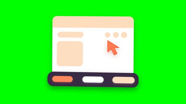 3D style vector animation of a browser window interface with floating pointer arrow cursor, menu buttons, and bottom dock bar on green screen.