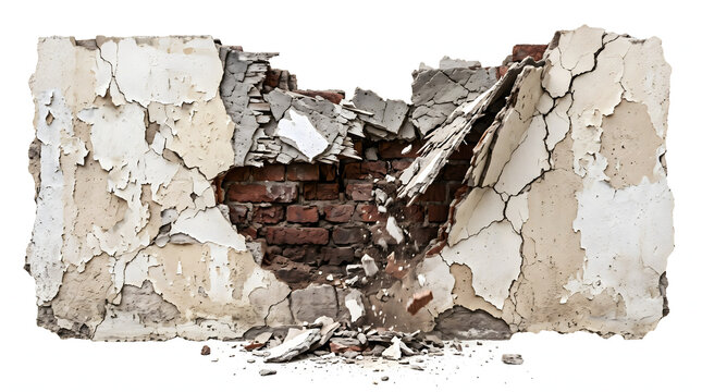 Demolished damaged red brick wall fragment with crumbling cracked mortar and broken edges isolated on pure clean white background for architectural renovation and destruction concept